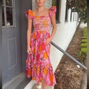 Pink floral smocked ruffle dress- Olivaceous